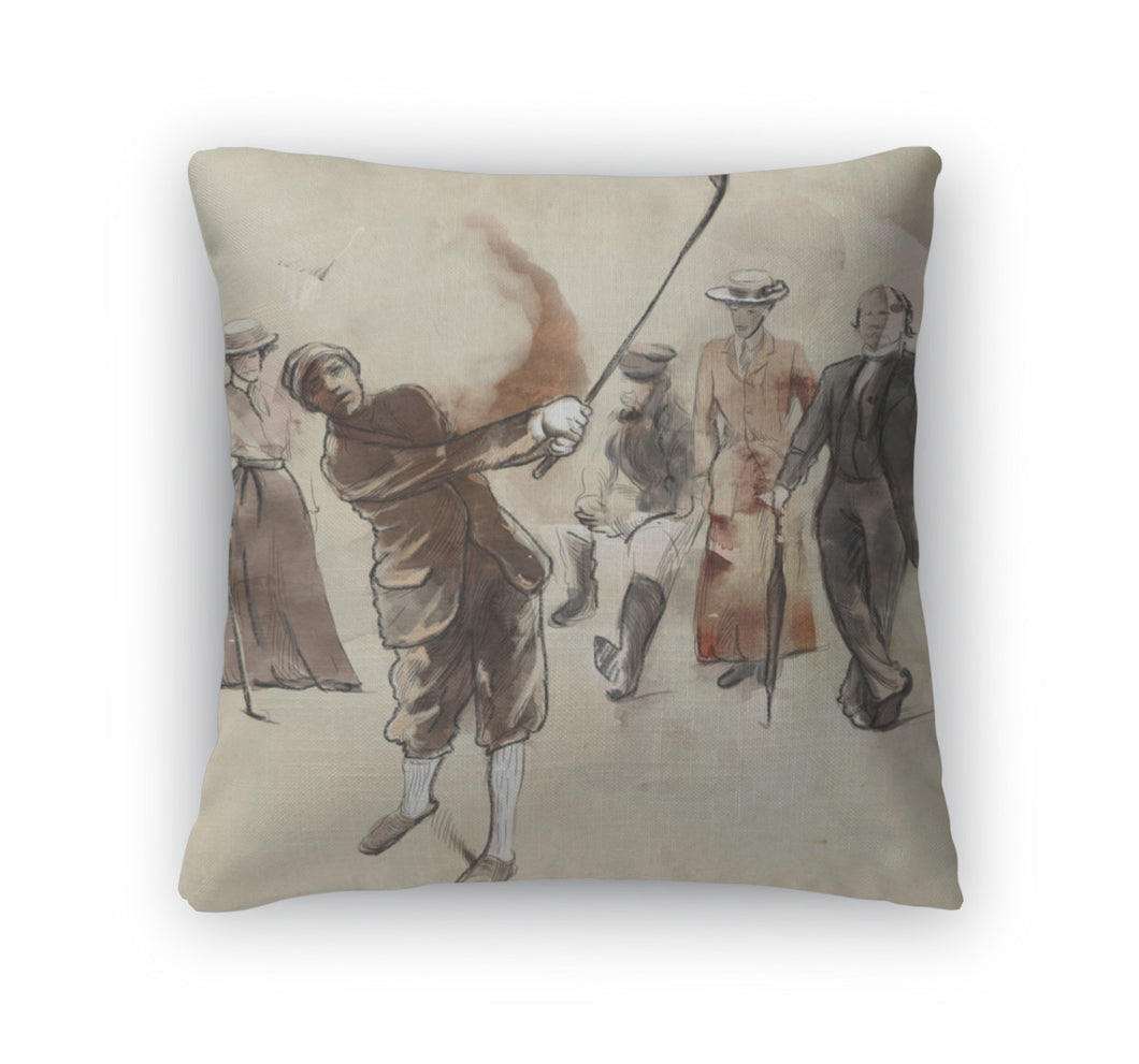 Throw Pillow, Golf Player An Hand Drawn And Painted Illustration