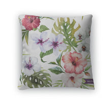 Load image into Gallery viewer, Throw Pillow, Watercolor Hibiscus Orchid White Palm Tropical Pattern Wallpaper