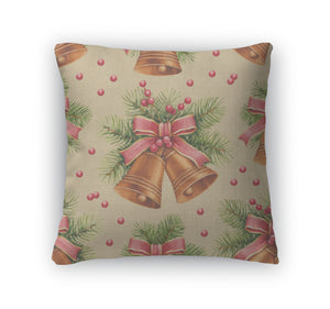 Throw Pillow, Vintage Christmas Pattern Watercolor Bells And Pine With Decora