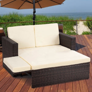 2PCS Patio Rattan Loveseat Sofa Ottoman