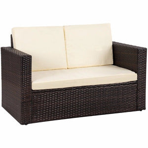 2PCS Patio Rattan Loveseat Sofa Ottoman