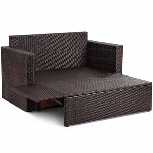 2PCS Patio Rattan Loveseat Sofa Ottoman