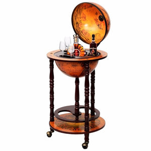 36" Wood Globe Rolling Wine Rack Bar Stand