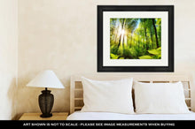 Load image into Gallery viewer, Framed Print, Scenic Forest Of Fresh Green Deciduous Trees Framed By Leaves With The Sun