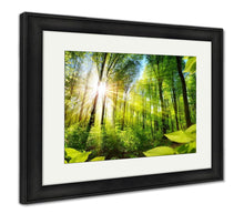 Load image into Gallery viewer, Framed Print, Scenic Forest Of Fresh Green Deciduous Trees Framed By Leaves With The Sun