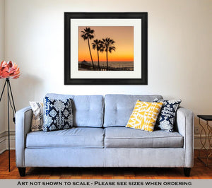 Framed Print, Los Angeles Palm Trees Manhattan Beach Pier Under Beautiful