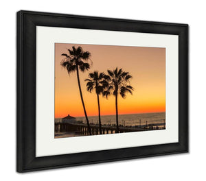 Framed Print, Los Angeles Palm Trees Manhattan Beach Pier Under Beautiful