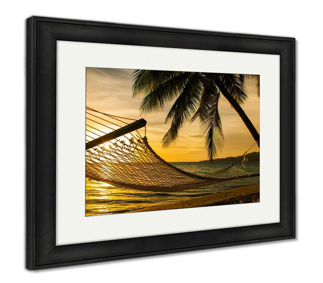 Framed Print, Hammock Silhouette With Palm Trees On A Beach At Sunset